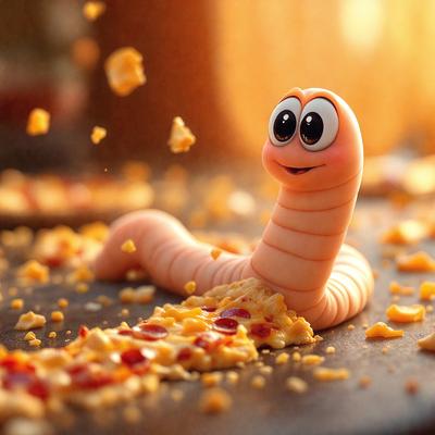 The primary subject of the image is a cartoonish worm or snake-like creature, which is the main focus of the image. The setting is a table with a pizza on it, and the visual style is a digital art or illustration. The colors and mood of the image are bright and cheerful, with the worm or snake-like creature being the main subject and the pizza adding a fun and playful element to the scene.